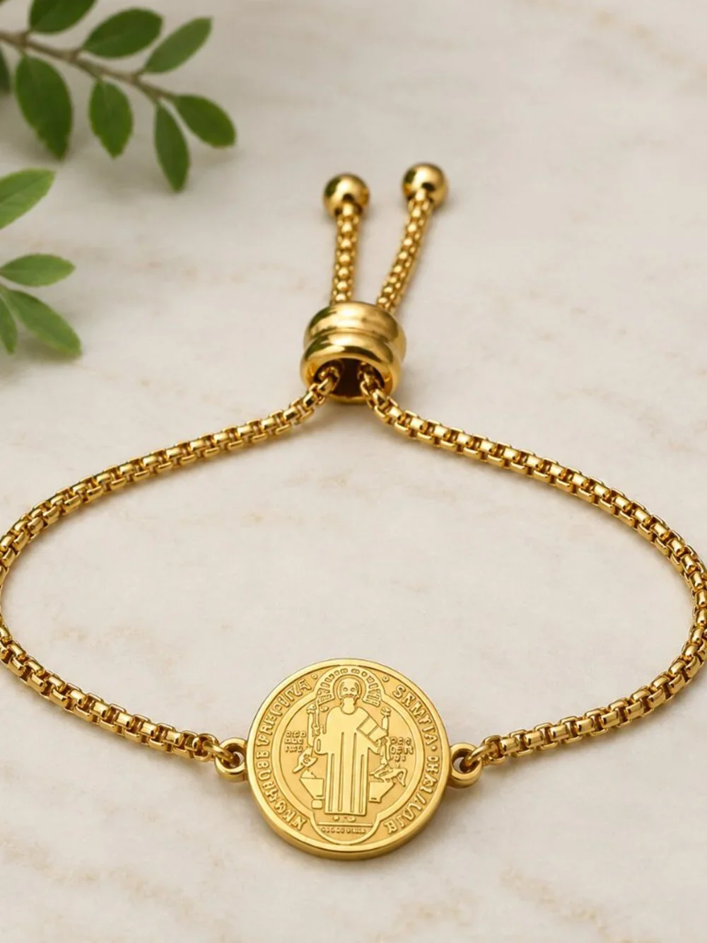 Gold St Benedict Medal Bracelet Stainless Steel Adjustable Religious Jewelry